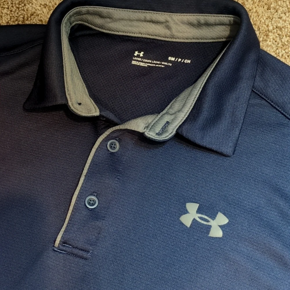 Under Armour Loose Fit Navy Blue Gray Trim Short Sleeve Polo Shirt Men's Small